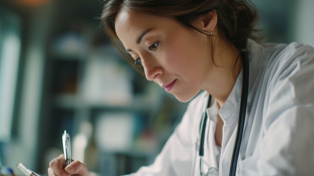 A focused woman physician is writing detailed notes on a clipboard while reviewing patient information. The woman carefully documents each detail to ensure accurate medical care. - Powered by Adobe