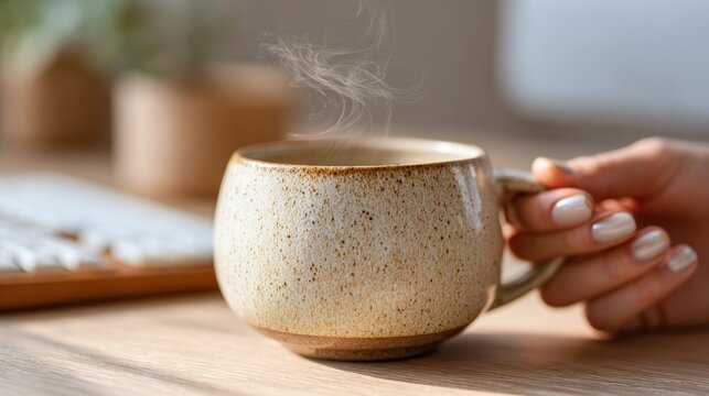 coffee mug workspace – hand holding warm ceramic cup with rising steam, calm morning mood, minimal sunlit still life, ideal for home office productivity, focus, lifestyle wellness and break time - Powered by Adobe