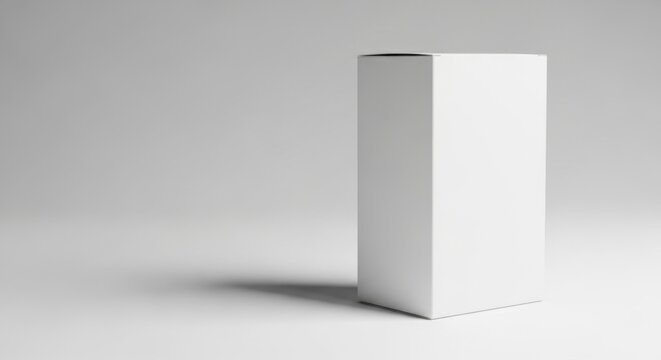 Minimalist white rectangular box on a smooth gray surface with soft shadows