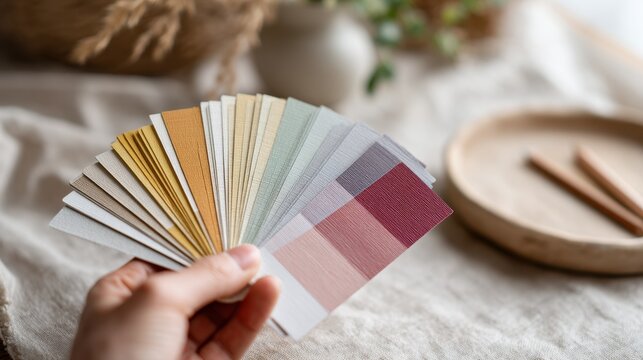 Color Palette Selection in Hand – Calm designer choosing paper swatches, neutral minimalist style for branding and interior mood boards, captured in soft natural light for product