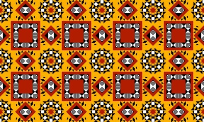 Seamless geometric pattern design with squares diamonds and stars on a yellow background art deco style