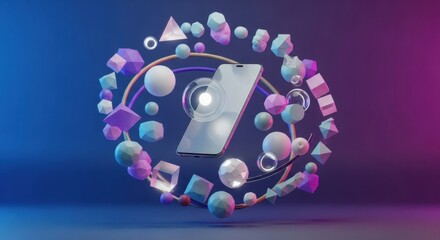 Futuristic smartphone surrounded by a colorful 3D geometric and bubble halo with glowing effects