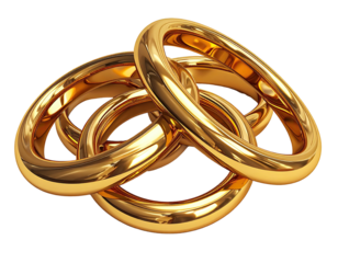 Glossy, interconnected, golden rings floating against a stark, black background