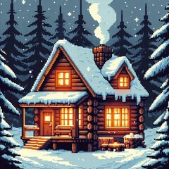 Fototapeta premium Cozy Winter Cabin in Snowy Pine Forest Pixel Art