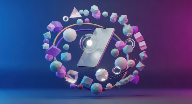 Futuristic smartphone surrounded by a colorful 3D geometric and bubble halo with glowing effects