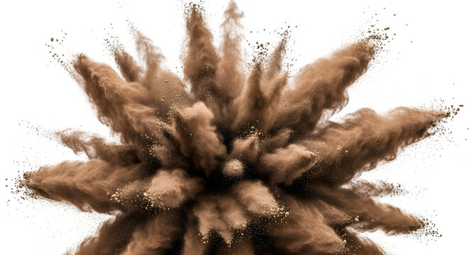 Brown powder explosion captured mid-air with fine particles scattering isolated on a transparent background