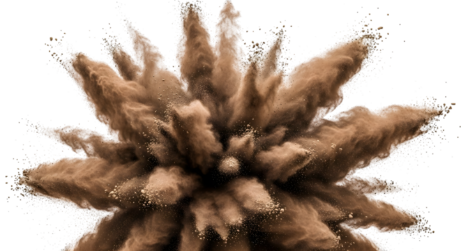 Brown powder explosion captured mid-air with fine particles scattering isolated on a transparent background