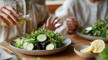 home healthy salad — Close-up hands pouring olive oil onto cucumber and leafy greens, calm family mood, natural light rustic table style, purpose clean eating, wellness, everyday nutrition at