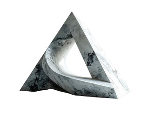 A polished marble sculpture of an abstract triangular form, with a curved central void