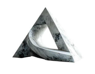 A polished marble sculpture of an abstract triangular form, with a curved central void