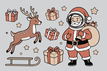 Space Santa with Jetpack Reindeer &ndash; Futuristic Christmas Vector Set