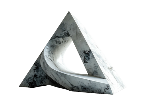A polished marble sculpture of an abstract triangular form, with a curved central void