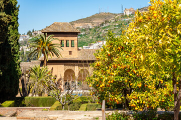 Ladies tower of Alhambra palace and orange trees in gardens of Partal, Granada, Spain