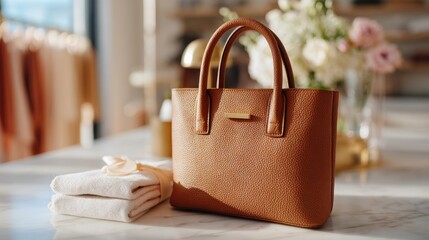 Luxury leather handbag on marble counter in boutique light, elegant minimal product shot for premium fashion branding, retail advertising, and e-commerce