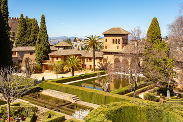 Ladies tower of Alhambra palace and gardens of Partal, Granada, Spain