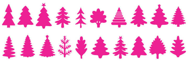 Christmas tree icon set, festive pine silhouettes and decorated holiday trees with stars and ornaments for winter or Xmas designs
