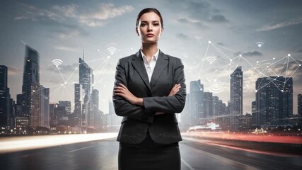 A poised businesswoman in a suit stands with crossed arms against a cityscape overlaid with a network - Powered by Adobe