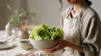 Healthy Home Cooking Salad Preparation — Calm Woman in Linen Apron Holding Fresh Lettuce, Minimalist Natural Light Kitchen Scene for Wellness, Nutrition, Organic Food Lifestyle