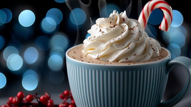 Steaming hot chocolate garnished with whipped cream, chocolate shavings, candy cane, nestled near red berries with blurred blue holiday lights in background