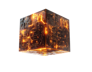 Illuminated electronic cube with glowing circuitry, isolated on a black background, representing digital technology