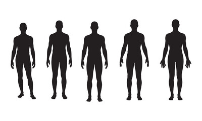 Collection of five diverse male human body silhouettes standing in a row with adobe illustrator logo