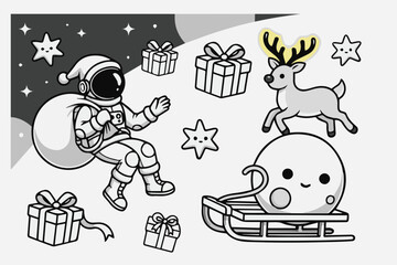 Space Santa with Jetpack Reindeer – Futuristic Christmas Vector Set