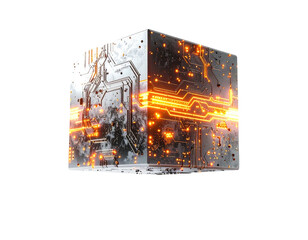Futuristic, luminous cube with intricate circuits, glowing lines, and digital technology
