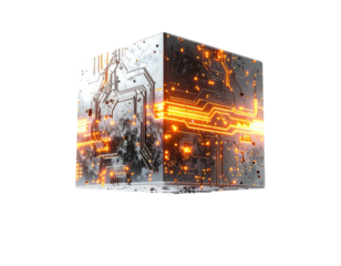 Futuristic, luminous cube with intricate circuits, glowing lines, and digital technology