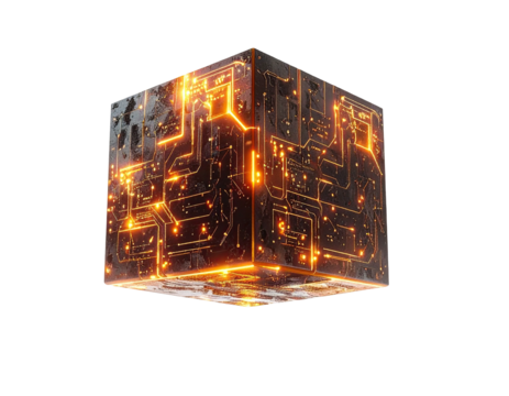 Illuminated electronic cube with glowing circuitry, isolated on a black background, representing digital technology