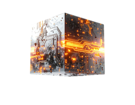 Futuristic, luminous cube with intricate circuits, glowing lines, and digital technology - Powered by Adobe