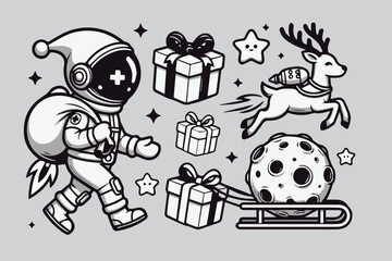 Space Santa with Jetpack Reindeer – Futuristic Christmas Vector Set