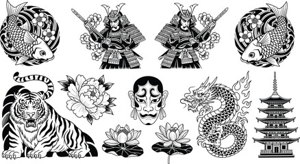 Japanese tattoo design collection, koi fish, samurai, tiger, dragon, mask, lotus, peony, pagoda, cultural symbols, flat vector