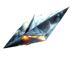 A faceted, icy crystal structure, with internal glowing light and sharp angles