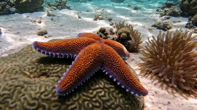 Intricate details of a vibrant starfish clinging to a coral reef, showcasing its unique texture and radial symmetry. Macro shot, emphasizing natural patterns and vivid colors.
