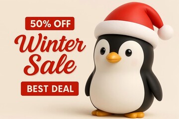 Naklejka premium Holiday Discount Banner with Cute Penguin