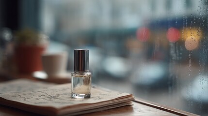 perfume on rainy window cafe — small glass bottle, calm mood, soft light and bokeh, minimalist lifestyle product scene for branding, advertising, and cozy urban