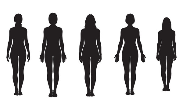 A collection of five diverse female body shape silhouettes standing in a row silhouette