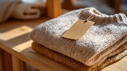 knitwear retail display — folded sweaters with blank tag on wooden shelf, warm natural light, minimal cozy style, product branding and e-commerce catalog