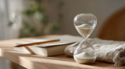 Time Management Hourglass on Minimalist Workspace — Calm, Focused Mood in Natural Light, Scandinavian Style — Visual Metaphor for Productivity, Planning, Deadlines, and Mindful Home Office