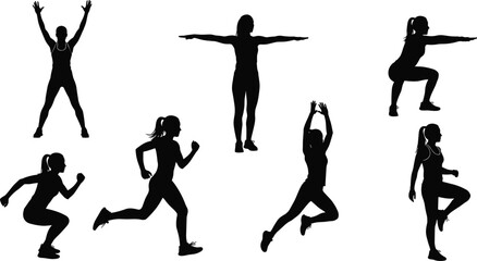 Black Silhouette Set of Women Engaged in Dynamic Fitness Activities Including Running, Jumping Jacks, Stretching, and Squats for Exercise and Healthy Lifestyle