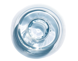 Overhead shot of a glass vessel filled with clear, rippling liquid against a black background