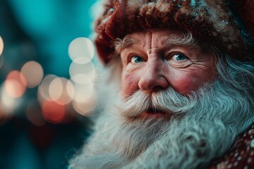 A portrait of Santa Claus standing among lights, decorations, falling snow, and a Christmas tree. Santa looks at the camera and smiles. Winter holidays.