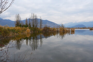 The foliage, colors, and lights of autumn in the Torbiere del Sebino Nature Reserve. The oasis of is located in a marshy area south of Lake Iseo.
