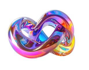 3D render of a glossy, multi-colored infinity symbol against a black background