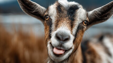 Goat Portrait Closeup, Playful Expression with Tongue Out — Candid Natural Style Farm Animal shot for agriculture marketing, social media humor, countryside