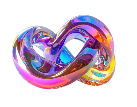3D render of a glossy, multi-colored infinity symbol against a black background