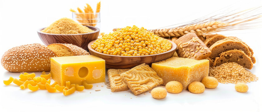 A variety of grain and cheese products on a white table will emphasise abundance and naturalness — an excellent atmospheric backdrop for culinary blogs or healthy eating advertisements.