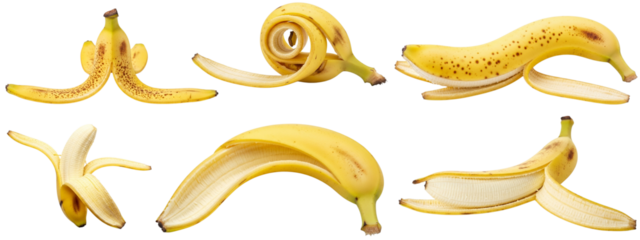 Banana peel are featured . The peel is yellow and  with some brown spots.

