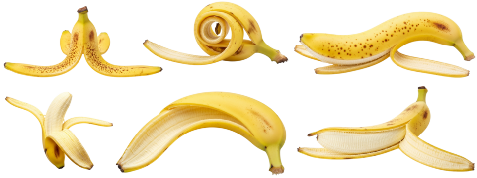 Banana peel are featured . The peel is yellow and  with some brown spots.
