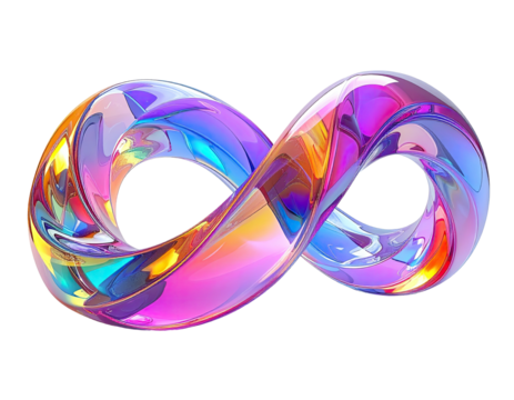 A glossy, abstract infinity symbol with vibrant, iridescent color gradients against a black backdrop